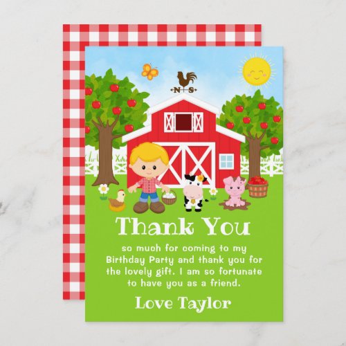 Farm Red Birthday Blonde Hair Boy Thank You Card