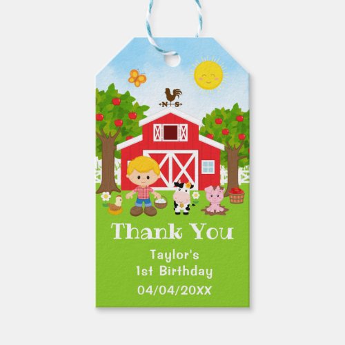 Farm Red Birthday Blonde Hair Boy Thank You Gift Tags