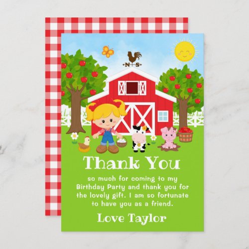 Farm Red Birthday Blonde Hair Girl Thank You Card