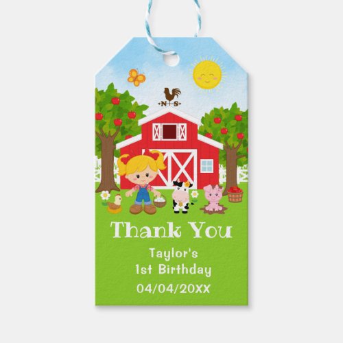 Farm Red Birthday Blonde Hair Girl Thank You Gift Tags