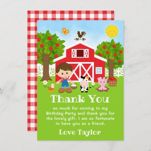 Farm Red Birthday Brown Hair Boy Thank You Card