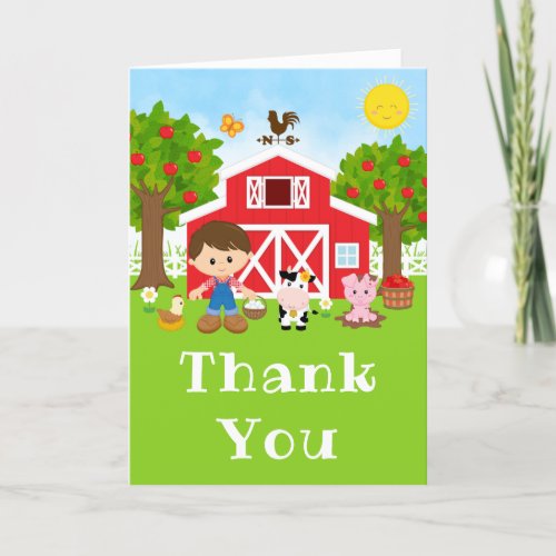 Farm Red Birthday Brown Hair Boy Thank You Card