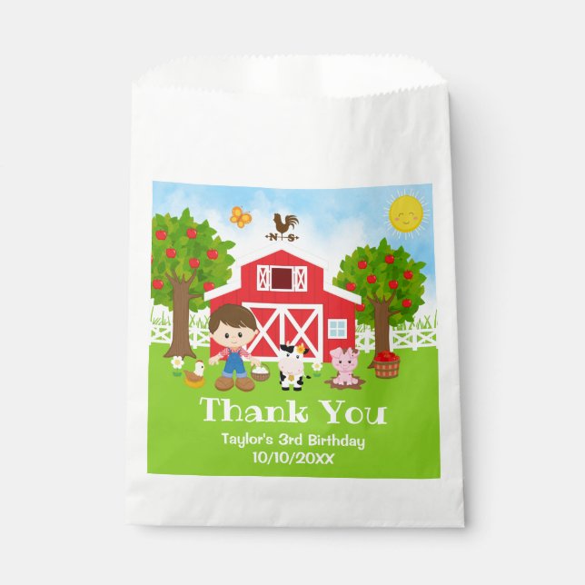 Farm Red Birthday Brown Hair Boy Thank You Favor Bag (Front)