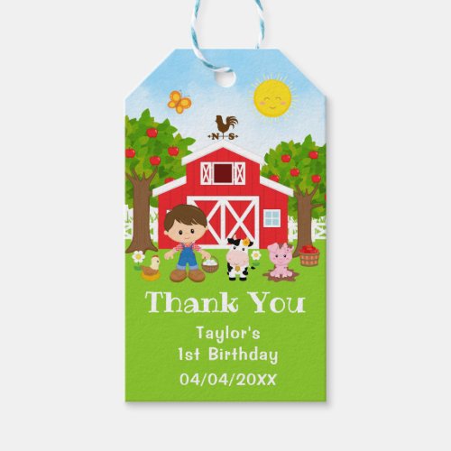 Farm Red Birthday Brown Hair Boy Thank You Gift Tags