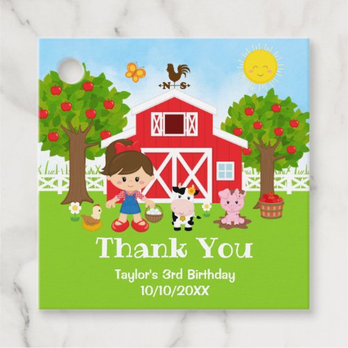 Farm Red Birthday Brown Hair Girl Thank You Favor Tags