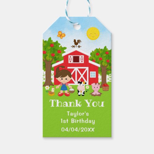 Farm Red Birthday Brown Hair Girl Thank You Gift Tags