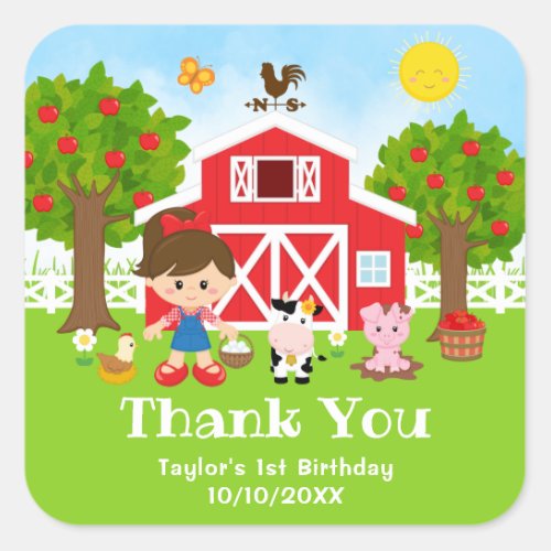 Farm Red Birthday Brown Hair Girl Thank You Square Sticker