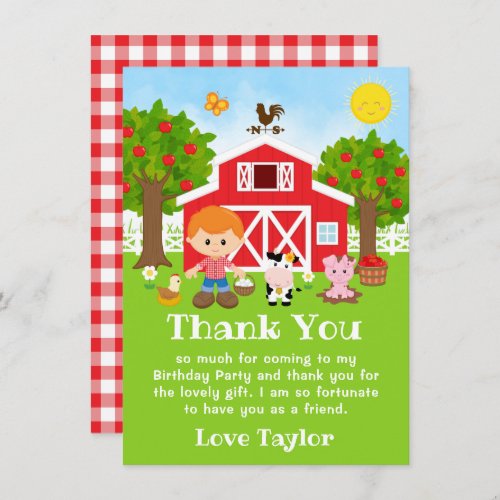 Farm Red Birthday Red Hair Boy Thank You Card