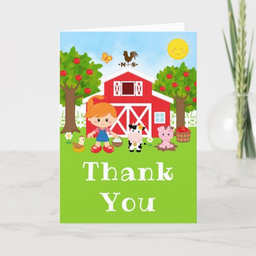 Farm Red Birthday Red Hair Girl Thank You Card