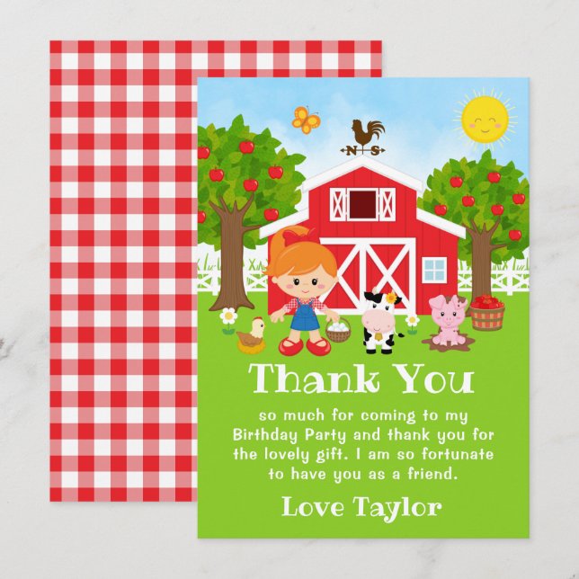 Farm Red Birthday Red Hair Girl Thank You Card (Front/Back)
