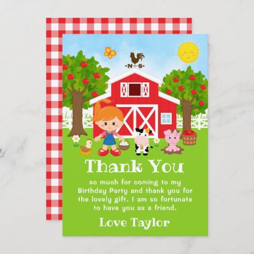 Farm Red Birthday Red Hair Girl Thank You Card