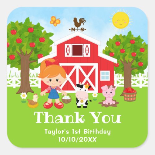 Farm Red Birthday Red Hair Girl Thank You Square Sticker