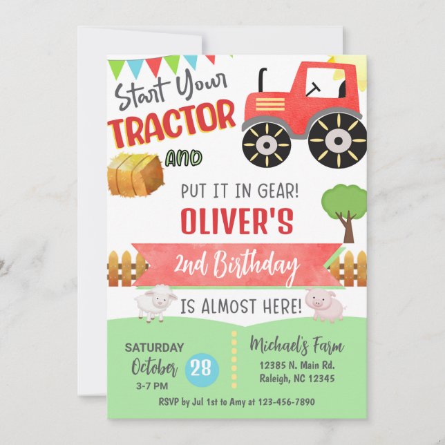 Farm red tractor boy ANY AGE birthday invitation. Invitation (Front)
