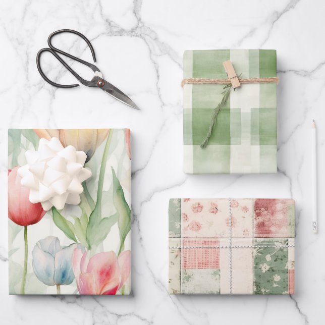 Farm Red Yellow Tulip Flowers Birthday Wrapping Paper Sheets (Front)