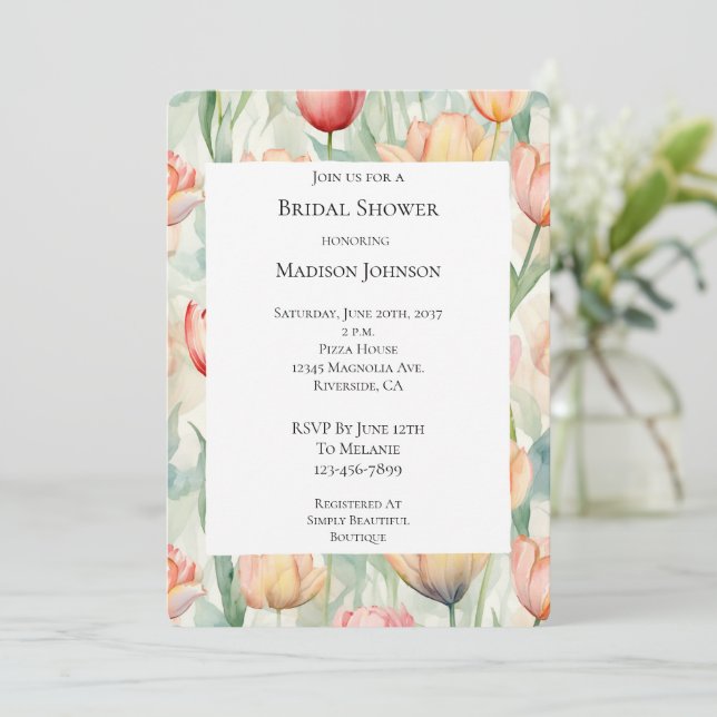 Farm Red Yellow Tulip Flowers Bridal Shower Invitation (Standing Front)