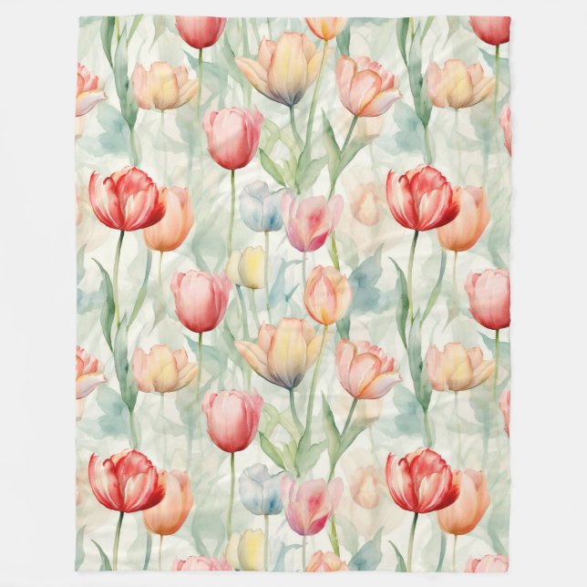 Farm Red Yellow Tulip Flowers  Fleece Blanket (Front)