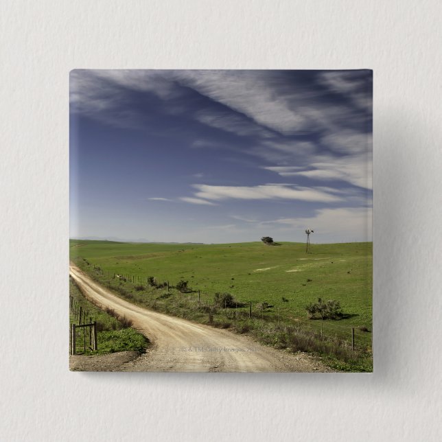 Farm road twining between wheat fields, Caledon, Pinback Button (Front)
