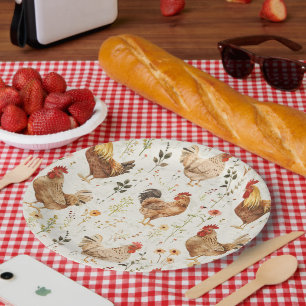 Farm Roosters Chickens Flowers Paper Plates