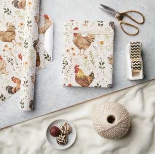 Farm Roosters Chickens Flowers Wrapping Paper
