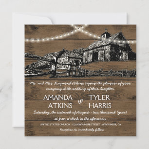 Farm Rustic String Lights Barn Wedding Invitations