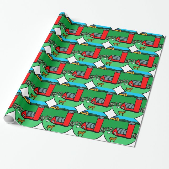 Farm Scene Horse Barn Pasture Cartoon Drawing Wrapping Paper (Unrolled)