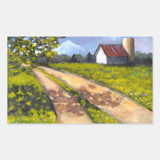 Farm Scene: Painting of Country Landscape, Barn Rectangular Sticker ...