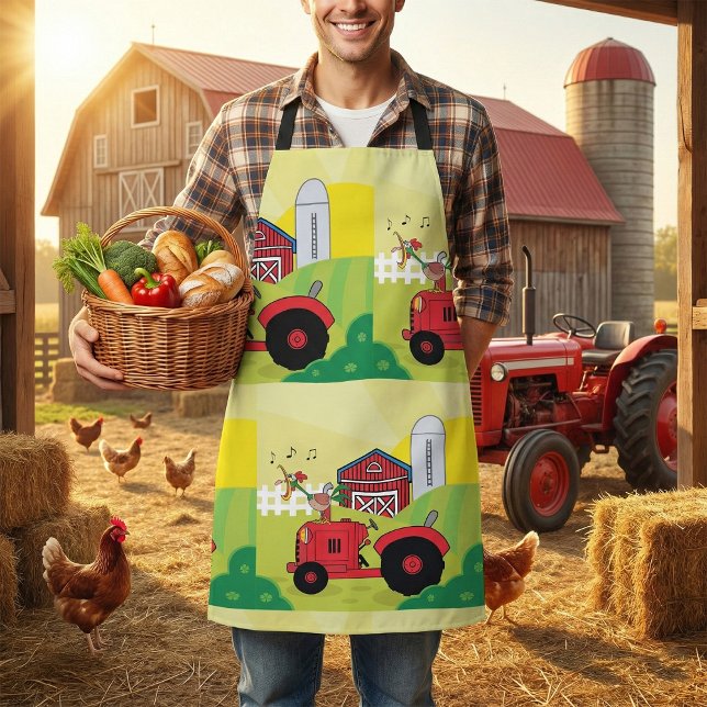 Farm Scene with Singing Rooster on Tractor  Apron (Creator Uploaded)