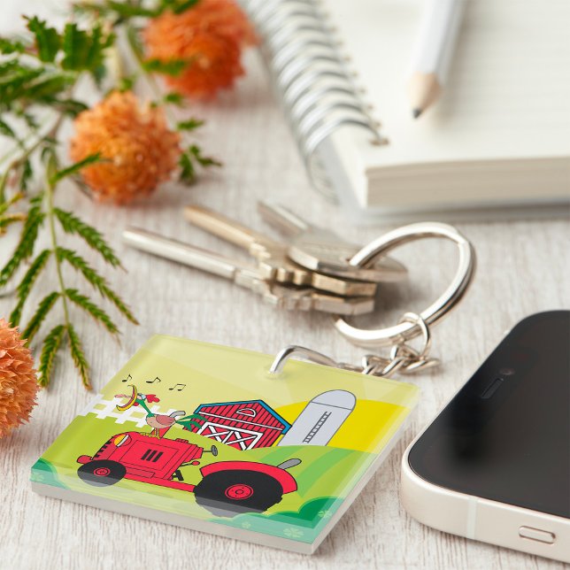 Farm Scene with Singing Rooster on Tractor  Keychain (Creator Uploaded)