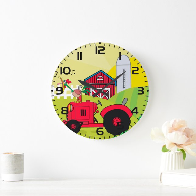 Farm Scene with Singing Rooster on Tractor  Large Clock (Creator Uploaded)