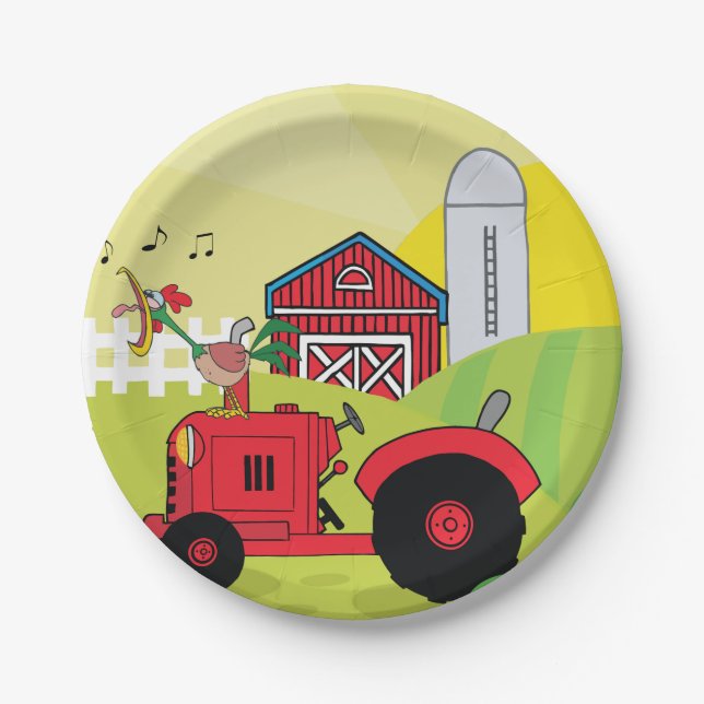 Farm Scene with Singing Rooster on Tractor  Paper Plates (Front)
