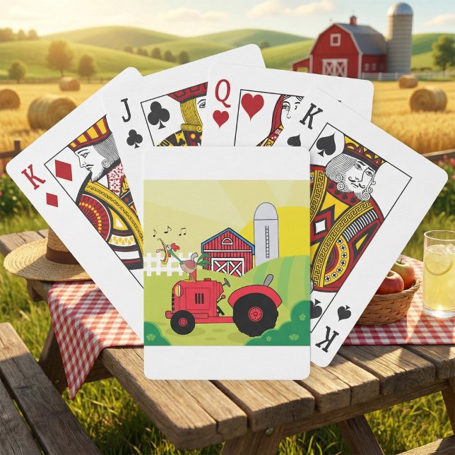Farm Scene with Singing Rooster on Tractor  Poker Cards (Creator Uploaded)