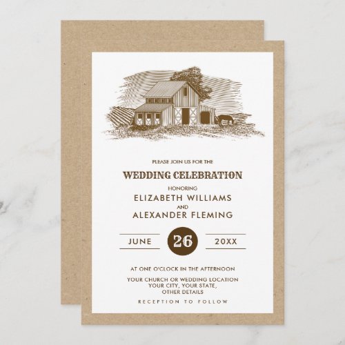 Farm Scetch Kraft Paper Rustic Wedding Invitations