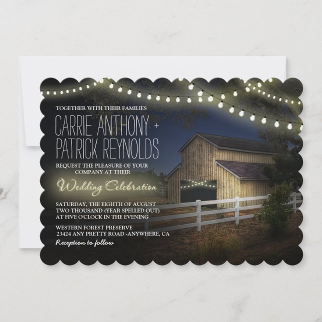 Farm String Lights Rustic Barn Wedding Invitations (Front)