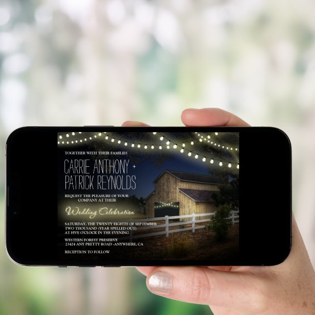 Farm String Lights Rustic Barn Wedding Invitations (Front Digital)