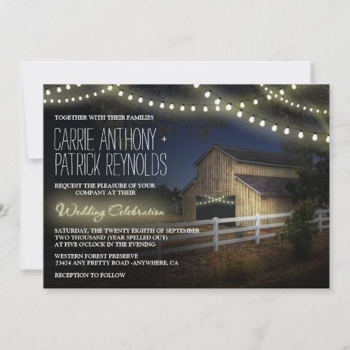Farm String Lights Rustic Barn Wedding Invitations