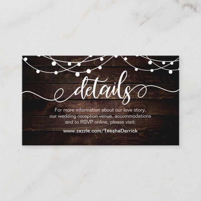Farm String lights, White, Wood,  Wedding Details Enclosure Card (Front)