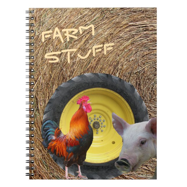 Farm Stuff, Tractor, Hay, Rooster, Pig Notebook (Front)