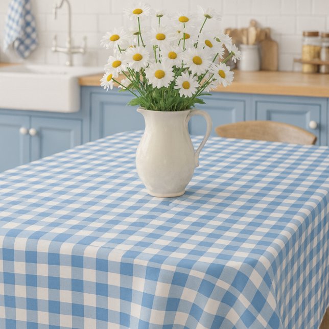 Farm style Blue and White Gingham  Tablecloth (French country table with white daisy flowers and gingham a timeless look for home or garden.)