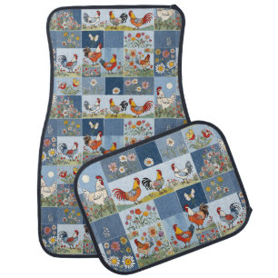 Farm Style Denim Patchwork Floral With Chickens Car Floor Mat