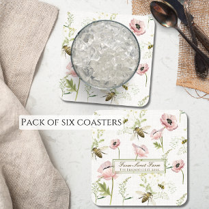 Farm Sweet Farm Family Name poppy, bee wildflowers Beverage Coaster