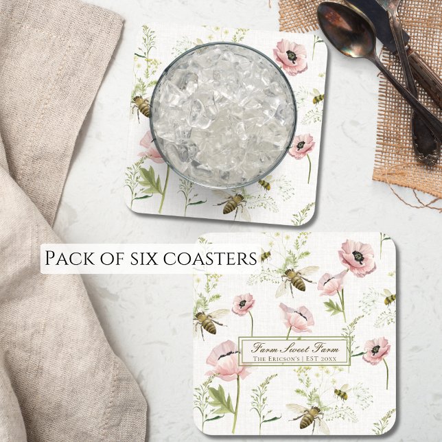 Farm Sweet Farm Family Name poppy, bee wildflowers Beverage Coaster (Add a touch of rustic charm to your farmhouse-style home with this delightful pack of coasters.)