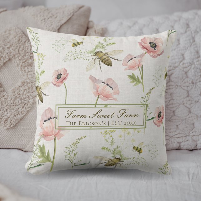 Farm Sweet Farm Family Name poppy, bee wildflowers Throw Pillow (Customizable "Farm Sweet Farm" Throw Pillow with Family Name and Year | Rustic Farmhouse Decor)