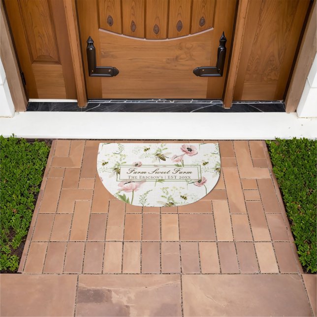 "Farm Sweet Farm" Family name wildflower and bees Doormat (Outdoor)
