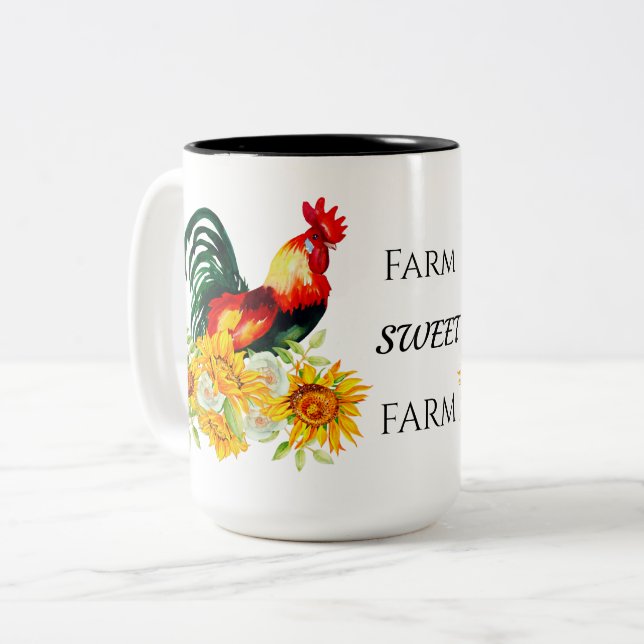 Farm Sweet Farm Floral Rooster Two-Tone Coffee Mug (Front Left)