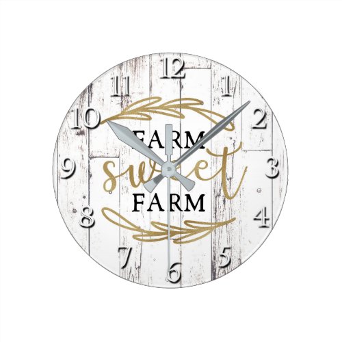 Farm Sweet Farm White Wood Country Farmhouse Round Clock