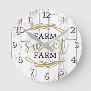 Farm Sweet Farm White Wood Country Farmhouse Round Clock