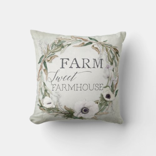 Farm Sweet Farmhouse Wreath Eucalyptus Anemone Throw Pillow