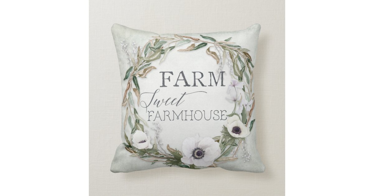 Farm Sweet Farmhouse Wreath Eucalyptus Anemone Throw Pillow Zazzle Com