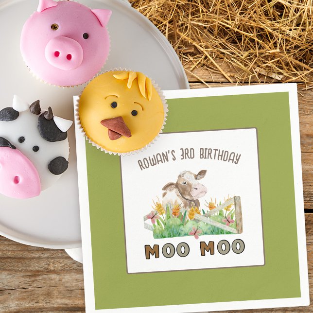Farm Theme Cow Moo Moo Kids Birthday Party Napkins (Farm themed birthday party napkins with personalized wording)