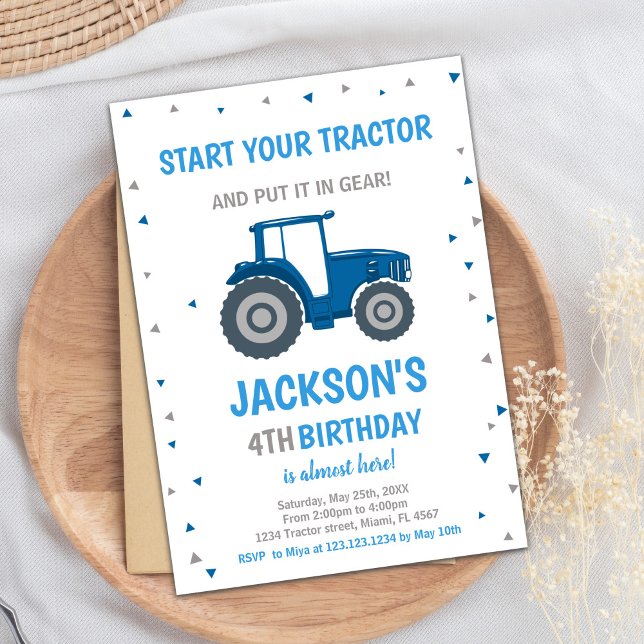 Farm Theme Party Card for Boys (Blue Tractor Birthday Invitations)